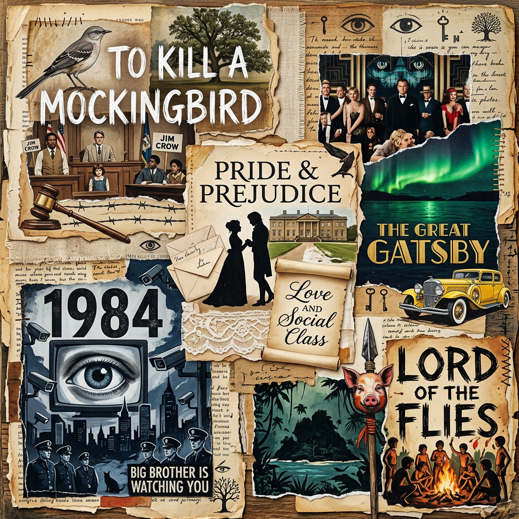 Collage of classic novel covers and related imagery including To Kill a Mockingbird, Pride and Prejudice, The Great Gatsby, 1984, and Lord of the Flies.