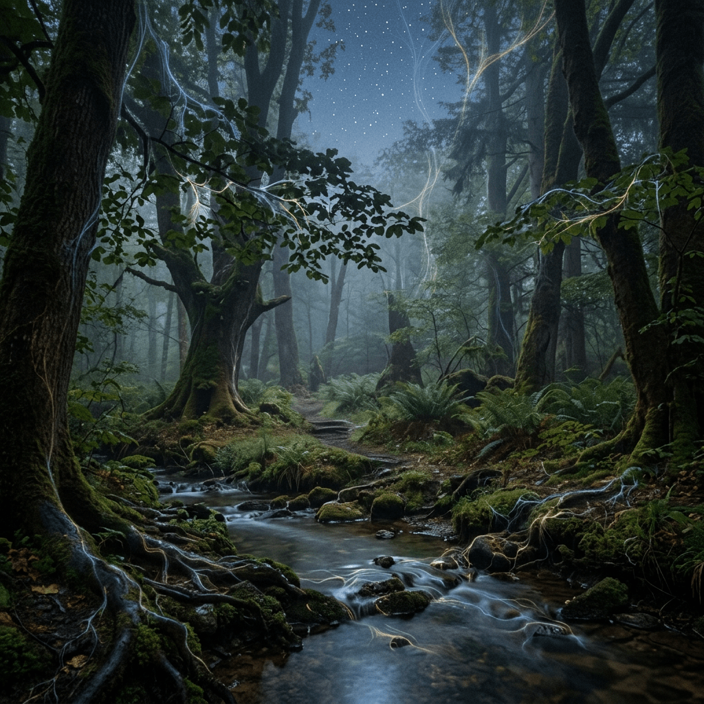Misty forest stream with mossy trees, stars, and glowing light trails
